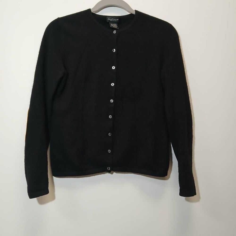 Lord Taylor womens small sweater 100% cashmere cardigan black leather patches - Picture 3 of 9